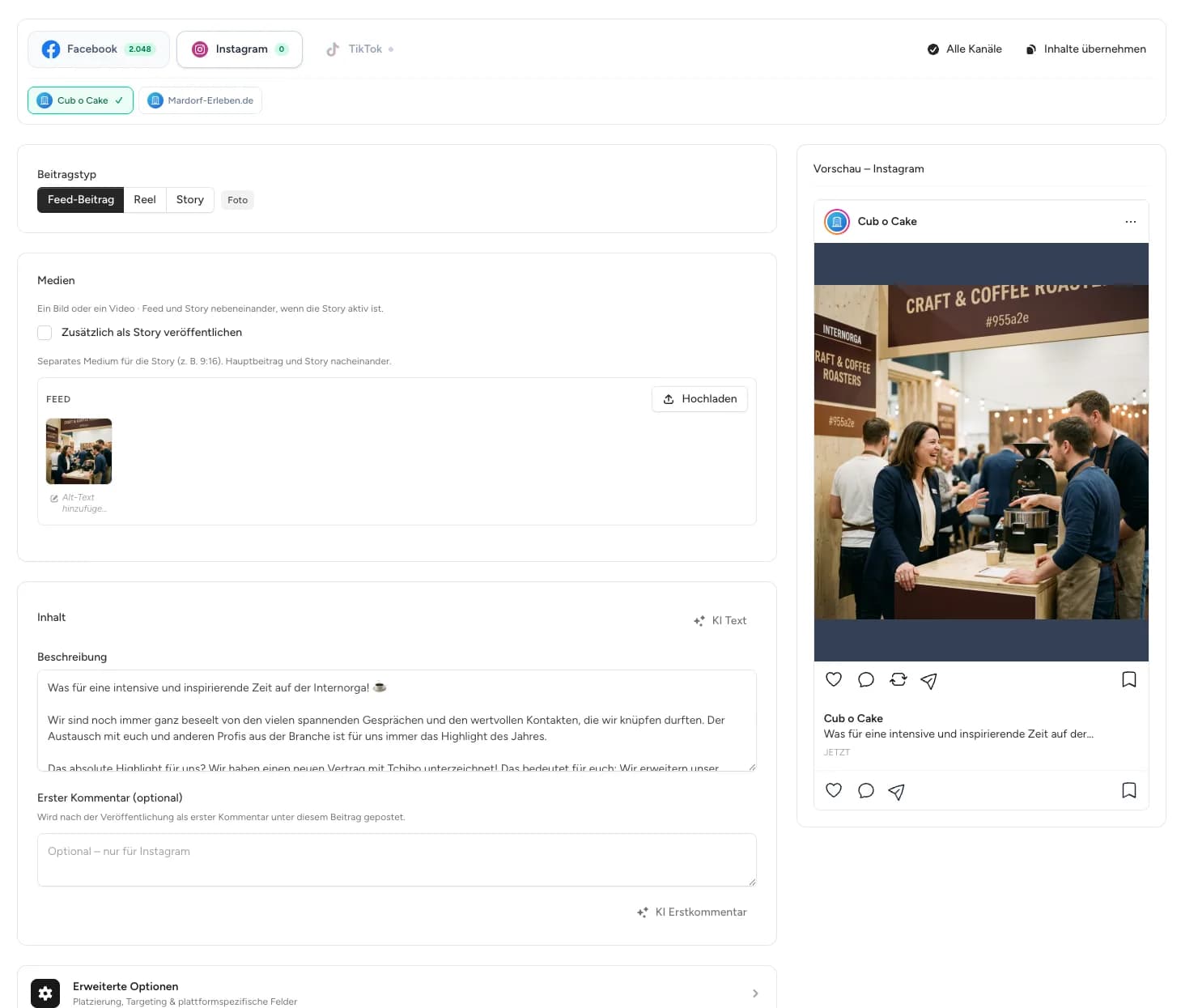 Social Media Beiträge per Kalenderansicht planen und veröffentlichen mit adfinity