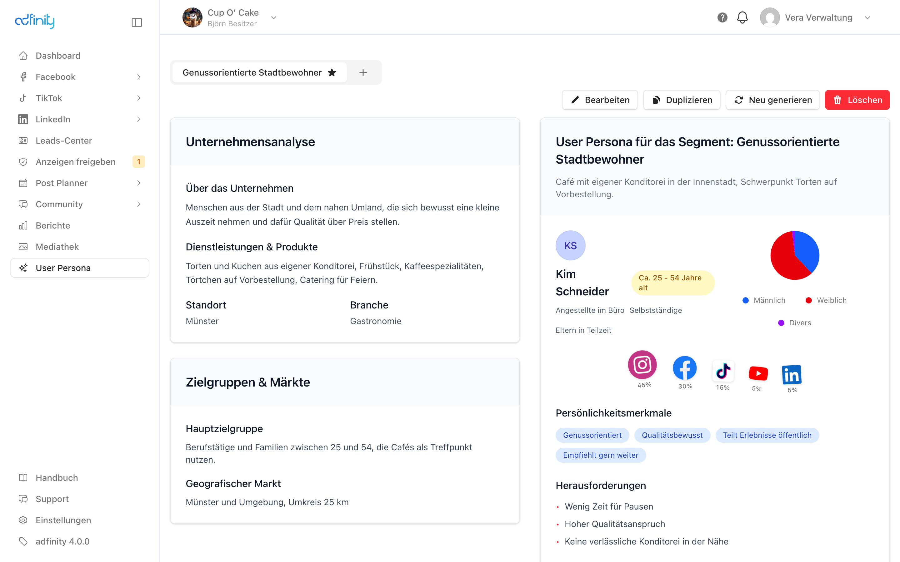 Dieselbe Persona-Seite mit den Schaltflächen Bearbeiten, Duplizieren, Neu generieren und Löschen
