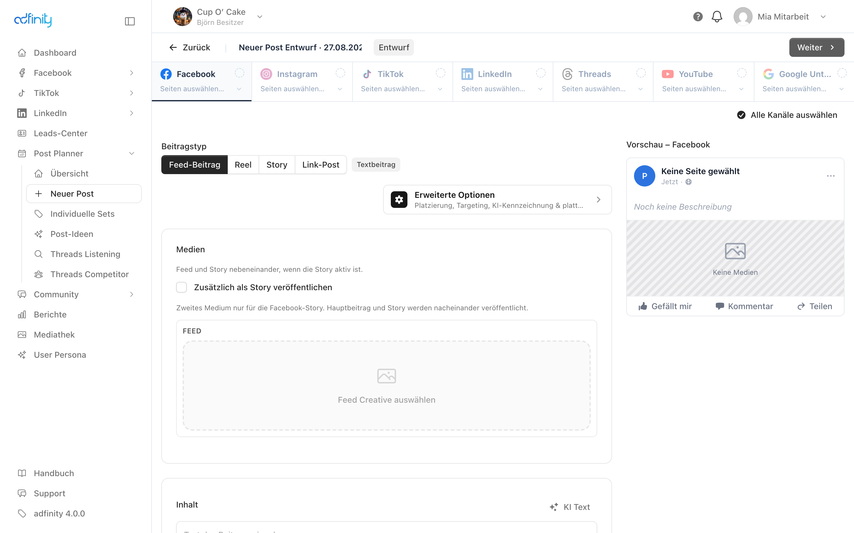 Der Post-Editor mit der Plattform-Reihe, dem Beitragstyp, dem Medienbereich und der Facebook-Vorschau rechts