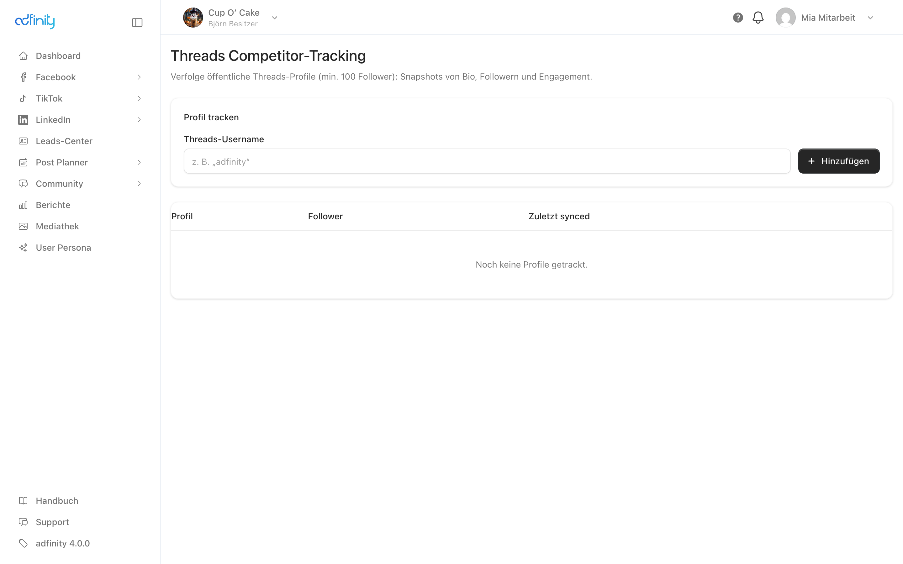 Die Seite Threads Competitor-Tracking mit dem Formular zum Tracken eines Profils