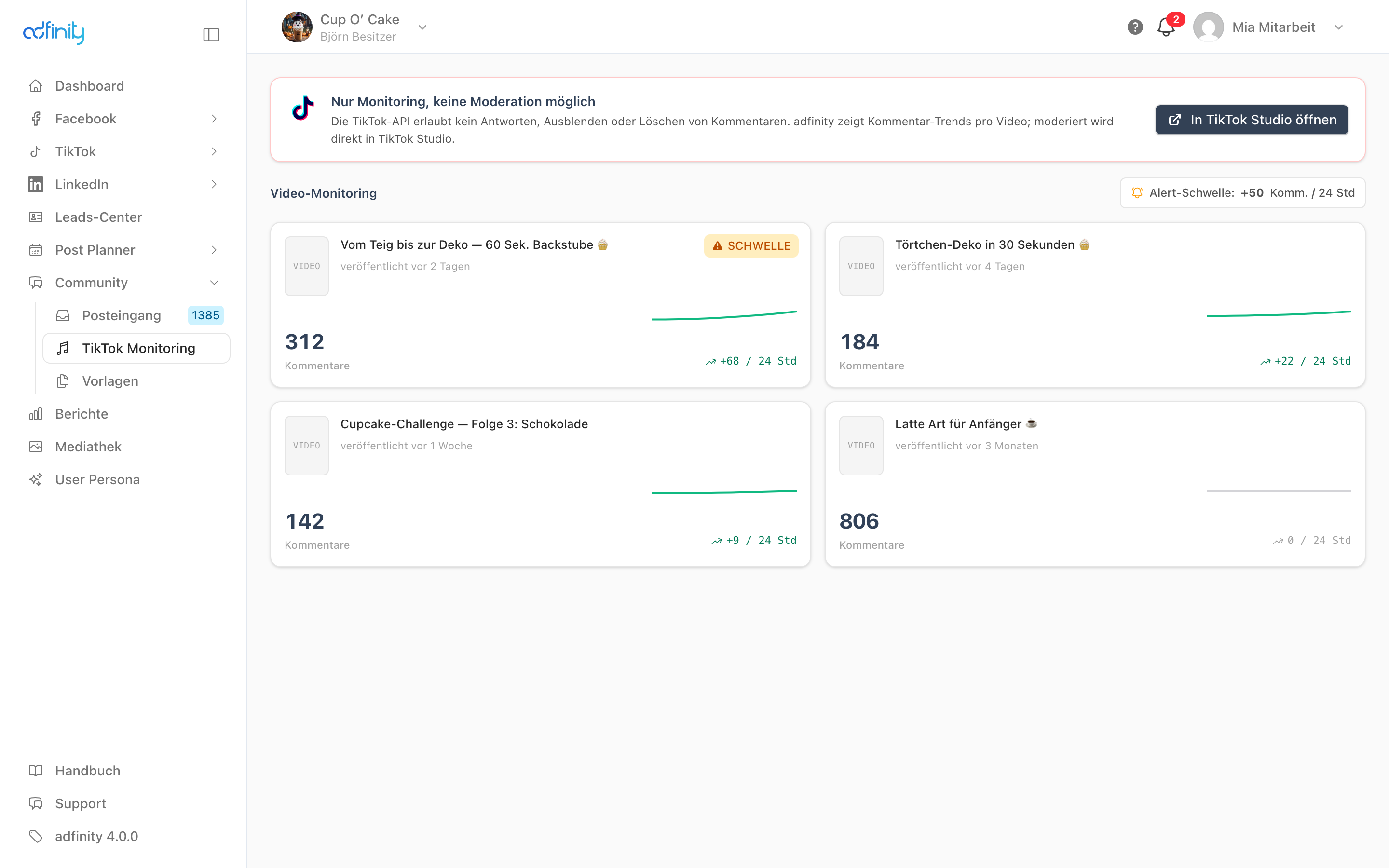 Die TikTok-Monitoring-Seite mit dem roten Hinweis oben und vier Video-Karten, eine davon mit der Marke SCHWELLE