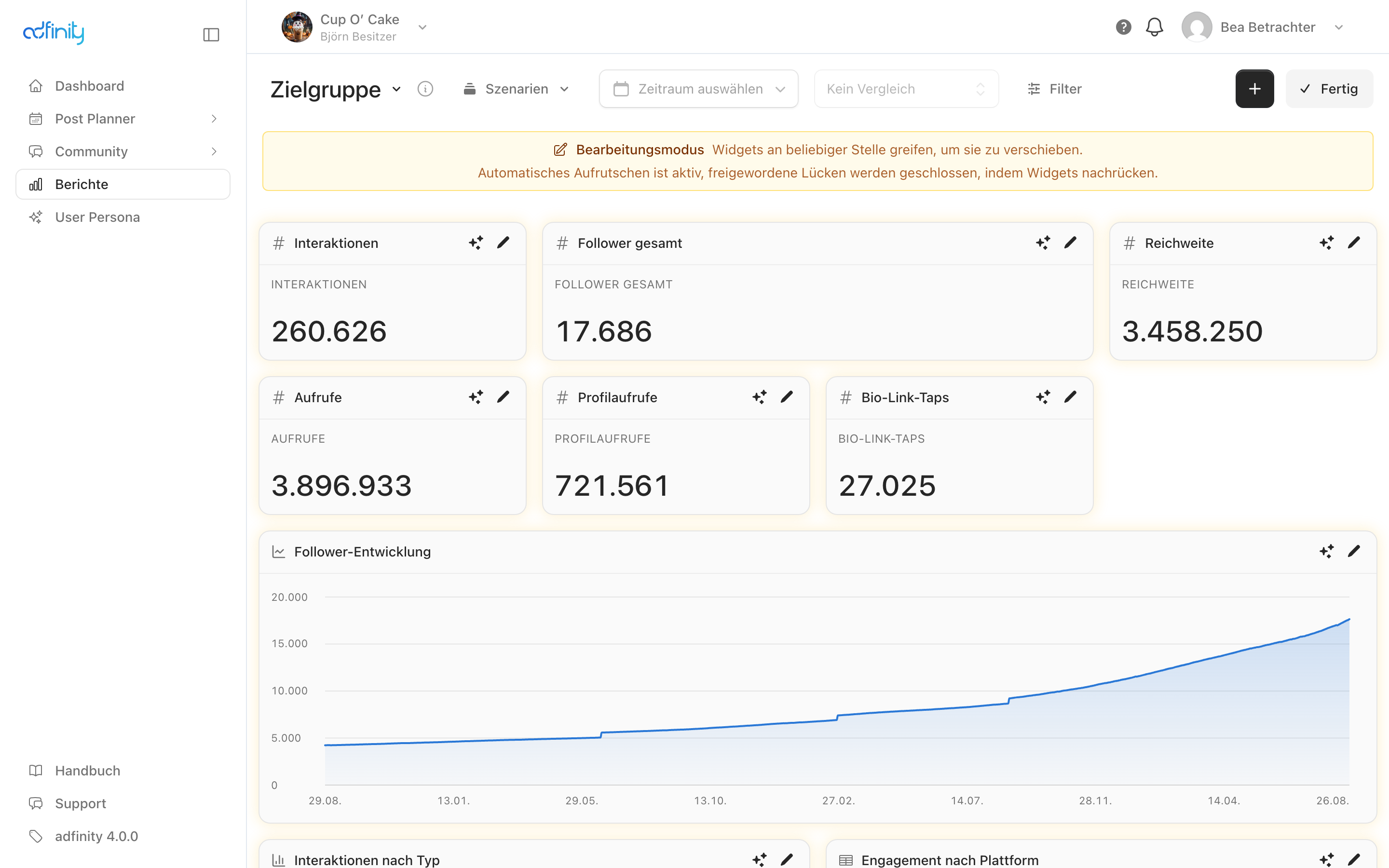 Das Dashboard im Bearbeitungsmodus mit gelbem Hinweisbalken und hervorgehobenen Kacheln